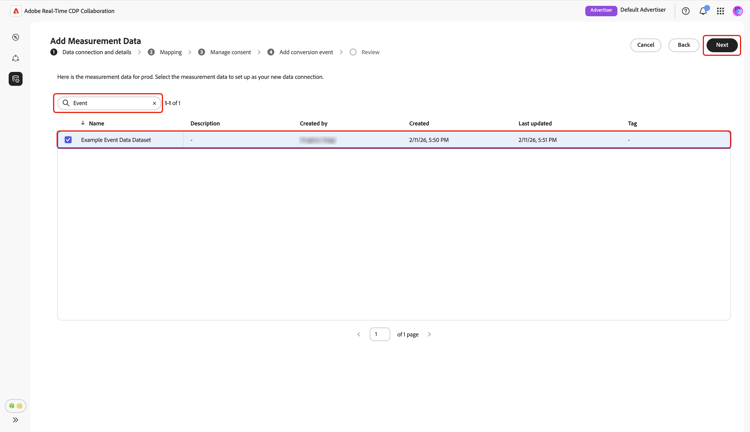 The Data connection and details step highlighting the Search option, the Example Event Data Dataset, and the Next option.