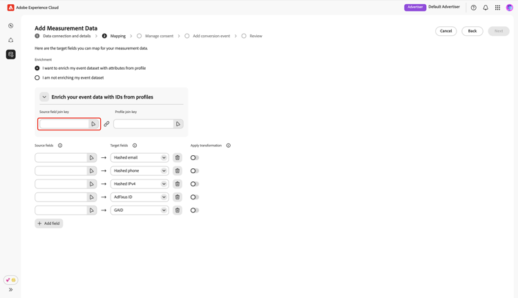 The Mapping screen with the Source field join key option highlighted.