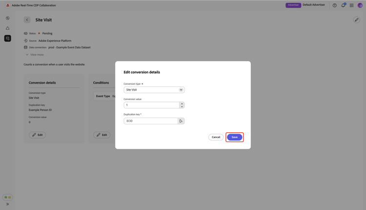 The Edit conversion details dialog with the Save option highlighted.