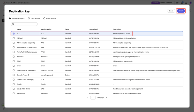 The Duplication key dialog showing the chosen key and the Select option.