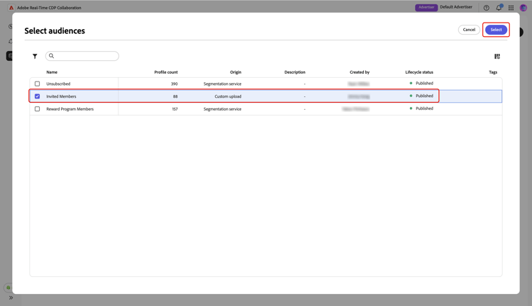 The Select audiences dialog highlighting the selected audience and the Select option.