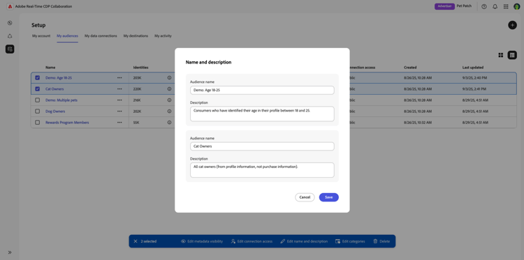The Name and description dialog with the available options displayed.