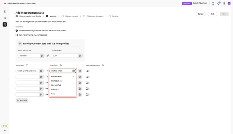 The dropdown menu displaying all available target fields to map with the selected source field.
