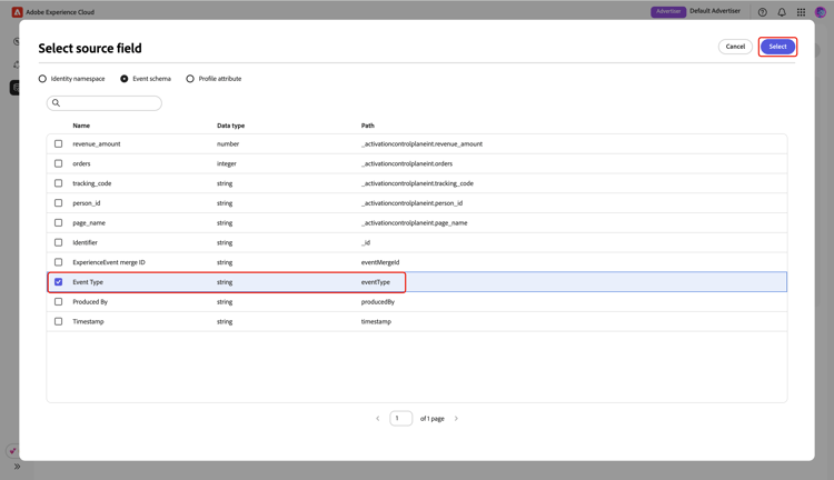 The Select source field dialog highlighting the Event Type field and the Select option.