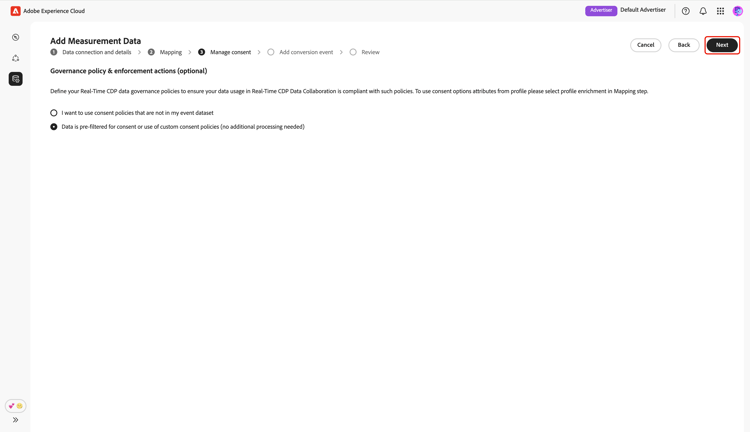 The Manage consent screen requiring confirmation with the Next option highlighted.