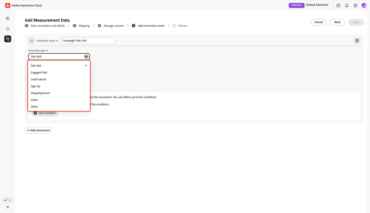 The Add conversion event screen highlighting the conversion type dropdown menu expanded.