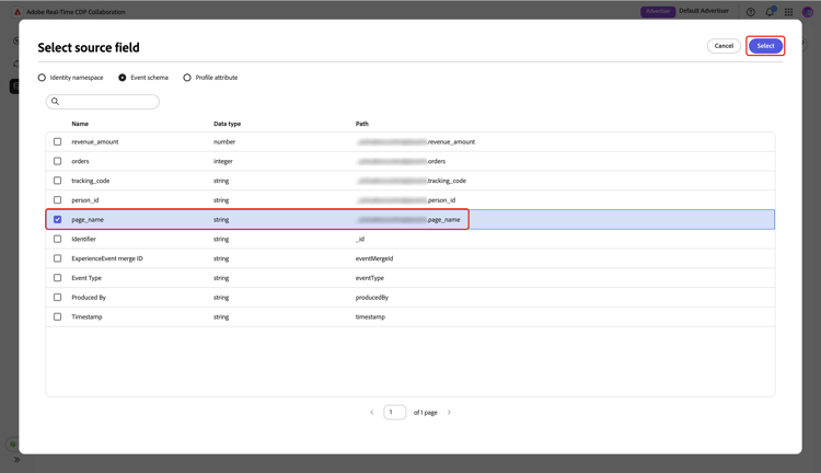 The Select source field dialog showing the chosen field and the Select option.