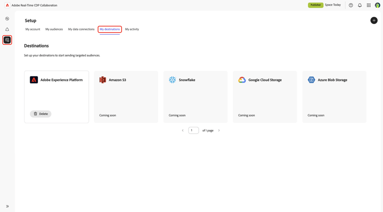 The My destinations tab in the Setup workspace showing the available destinations.