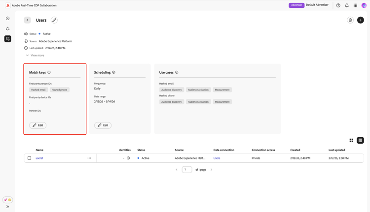 A data connections workspace with the Match keys section highlighted.