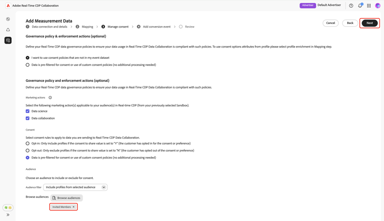 The Manage consent screen highlighting the selected audience for consent and the Next option.