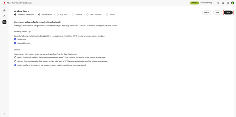 The Add audiences workspace at the Governance policy and enforment actions section.