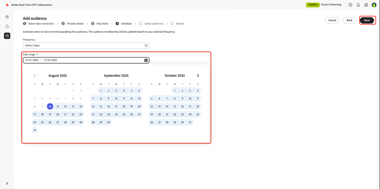The Add audiences scheduling workspace with the Date range option displayed.