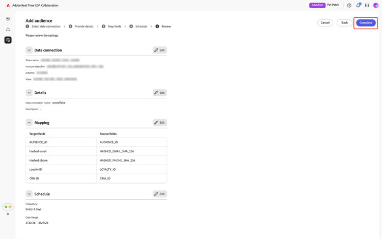 Review screen displays a summary of data connection, details, mapping and schedule settings, with the Complete option highlighted.