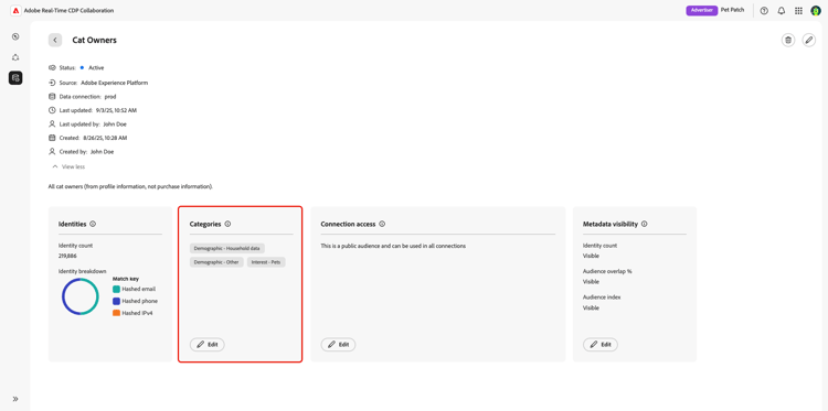 The Categories section of an individual audience's workspace.