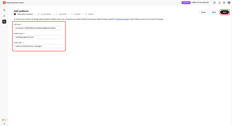 The Amazon S3 connection form with fields for IAM role, S3 Bucket Name, and Folder Path.