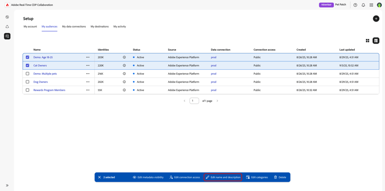 The My audiences workspace with the Edit name and description option highlighted.