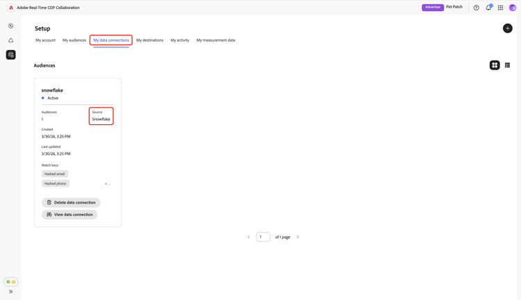My data connections tab shows the Snowflake data connection with sourcing status information.