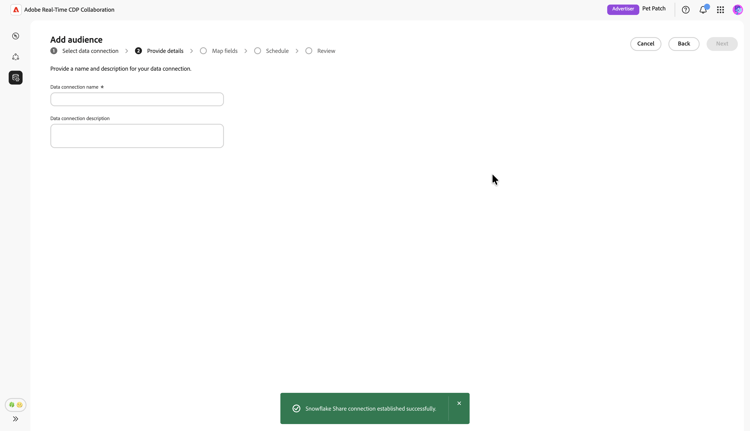 A confirmation dialog confirms your Snowflake Share connection was successfully established.