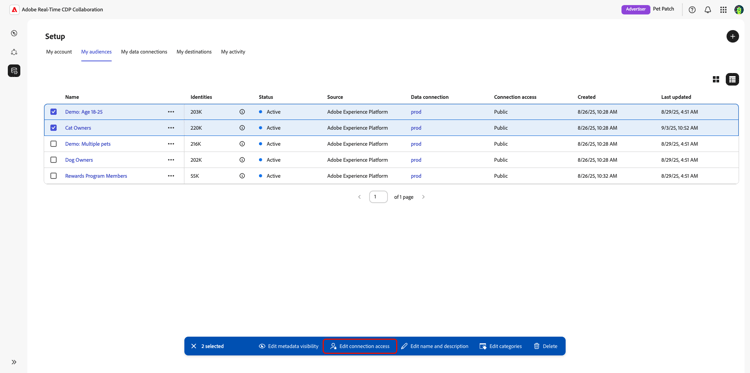 The My audiences workspace with the Edit connection access option highlighted.