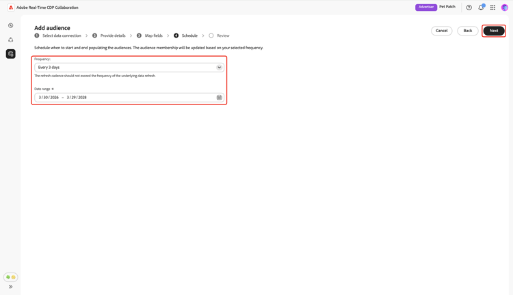 Schedule screen highlights the refresh frequency and date range configurations, and the Next option.