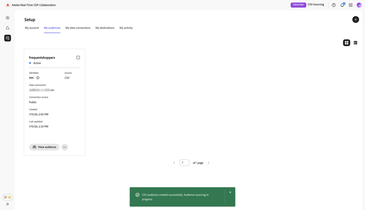 After uploading file, a confirmation dialog appears stating that CSV audience was created and audience sourcing in progress.