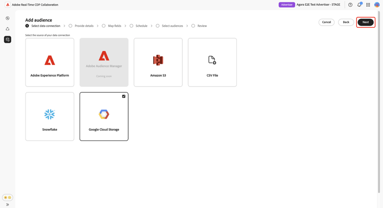 The Add audience workflow showing the data source selection screen with Google Cloud Storage selected and Next highlighted.