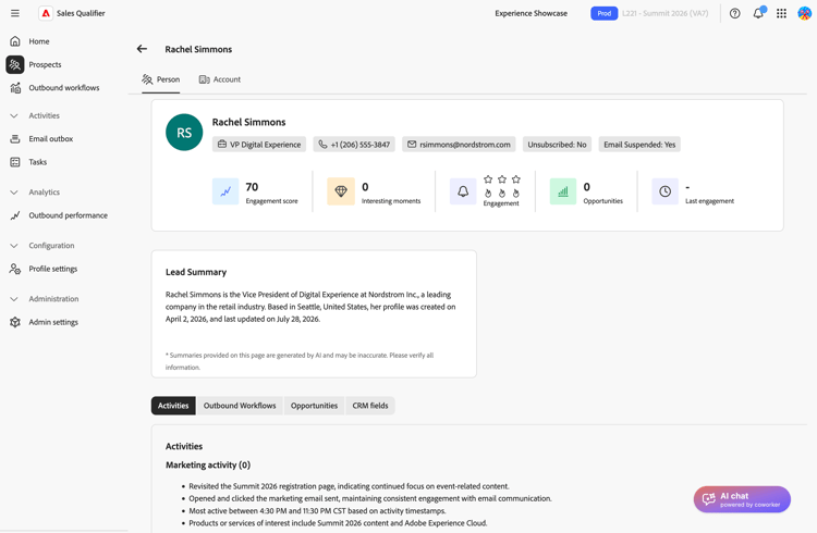 Prospect detail page with Person and Account tabs