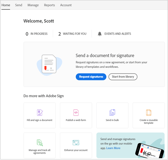 The Adobe Sign Dashboard page