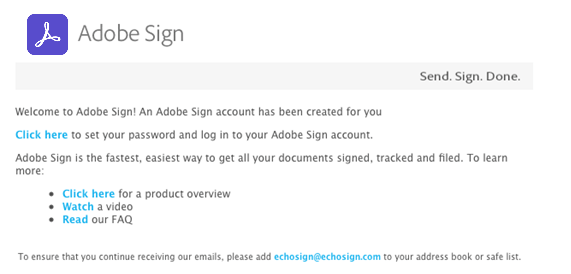 Image of the Welcome Email from Adobe Sign