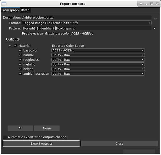 Export outputs dialog