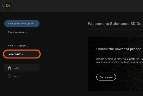 AxF: Start import from Home screen