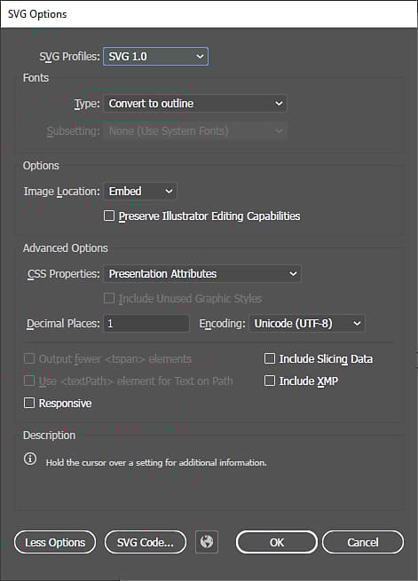 Illustrator export options for SVG