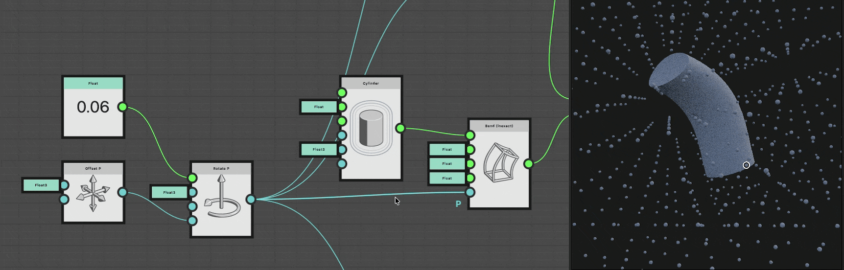 Controlling space transformation using the 'P' input of SDF function nodes.