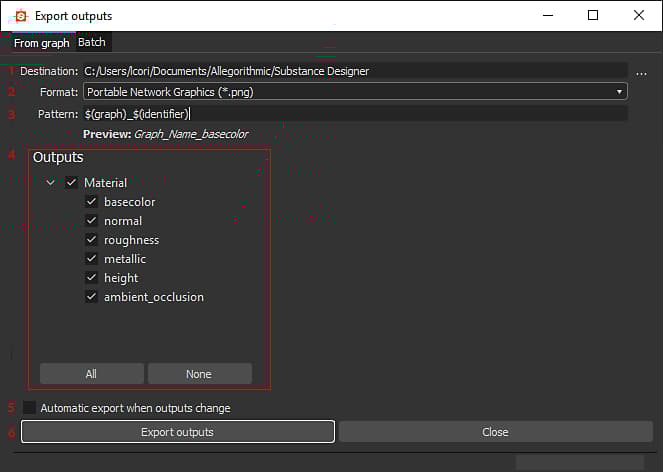 Export outputs dialog