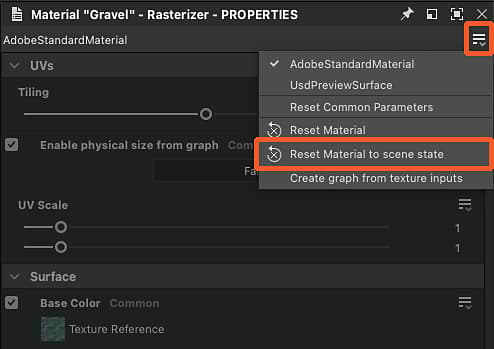 Reset material to scene state - Action in 'Properties' dock