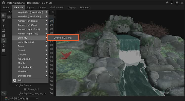 Override material - Action in 'Materials' menu