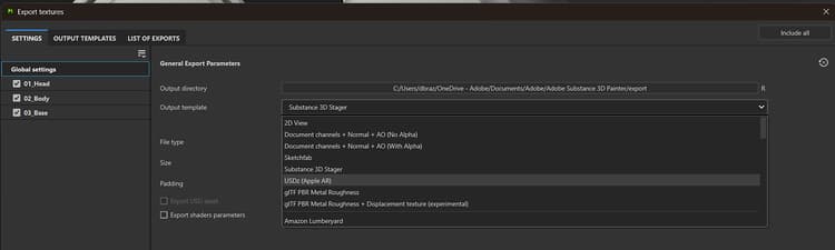 An image of the export window showing the output template dropdown open and USDz (Apple AR) selected.