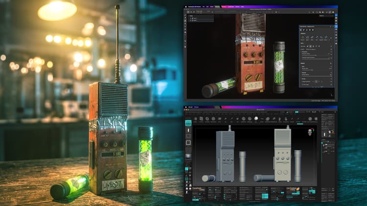A promotional image showing an asset rendered while overlayed by the same asset in Zbrush and in Painter.