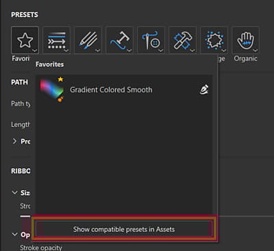 A screenshot of the presets section of the properties panel when a path tool is selected. The Favorites option is selected, and the "Show compatible presets in Assets" button is highlighted.
