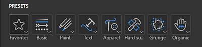 A screenshot of the presets section of the properties panel when a path tool is selected