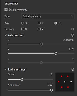 A screenshot of the Symmetry section of the properties panel