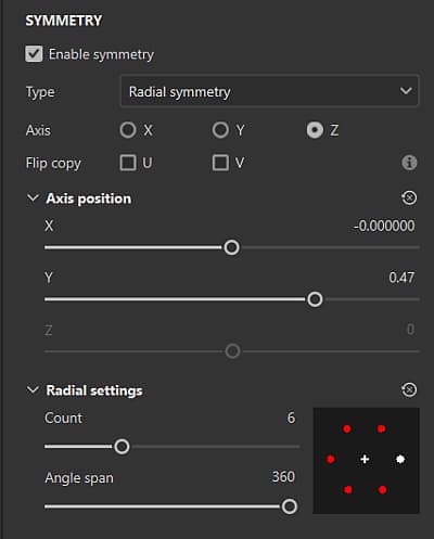 A screenshot of the Symmetry section of the properties panel
