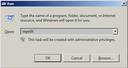 'regedit' in Windows Run dialog