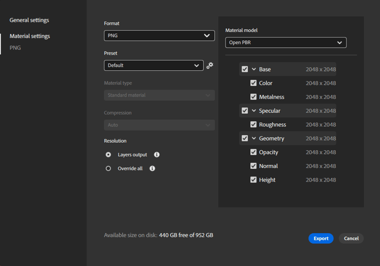 An image of the export window