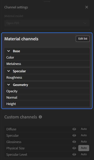The Channel settings panel with the Material channels section highlighted