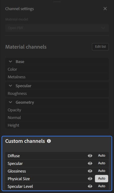 The Channel settings panel with the Custom channels section highlighted.