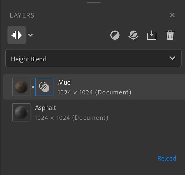 Material layers in layer stack, the top layer has a blend option.