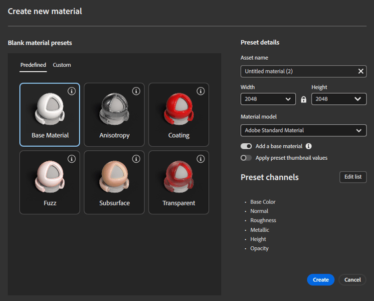 The Create new material window