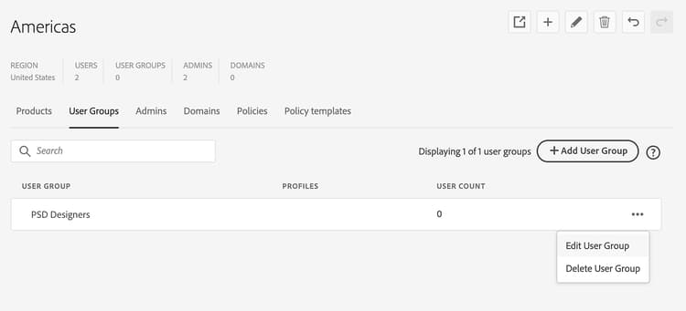An organization selected with the edit user group option highlighted under user groups tab.