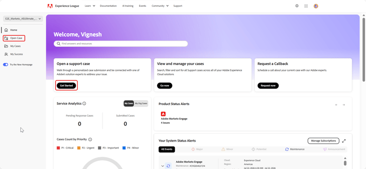 Open a support case entry points